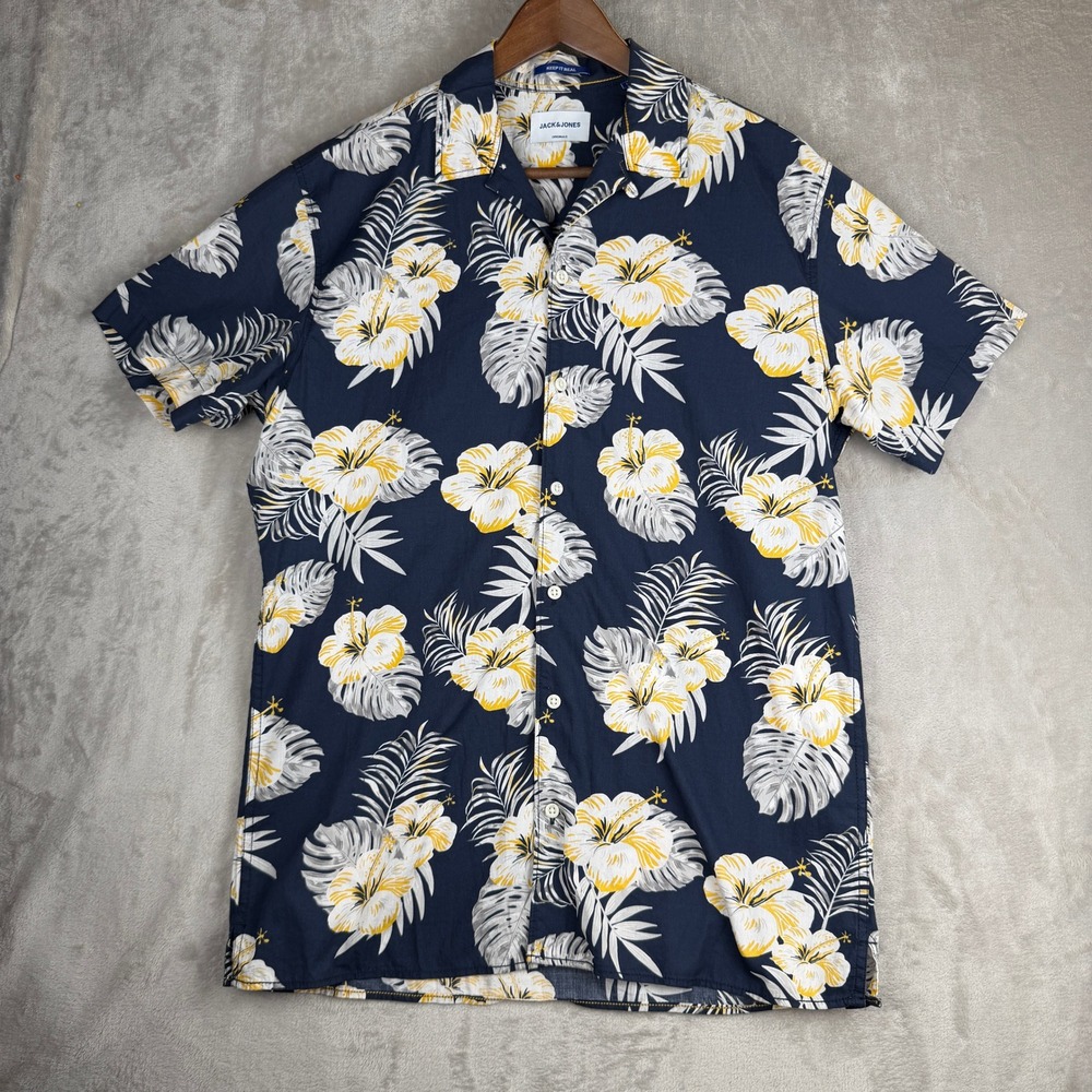 Jack & Jones Mens Navy Blue Tropical Hibiscus Floral Short Sleeve Shirt Large
